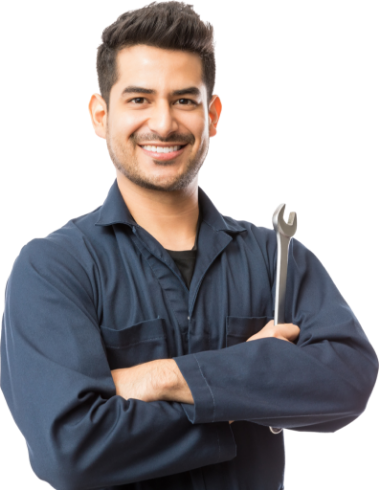 smiling auto mechanic with wrench standing hands folded white background